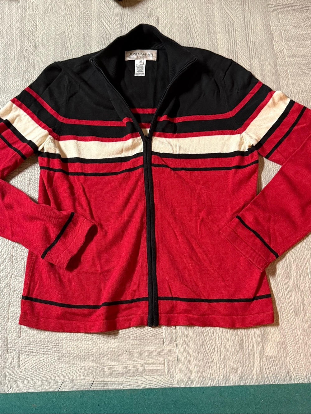 Jones Wear Red, Black & Cream Striped Zip-Front Cardigan